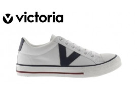 VICTORIA,ZAPATILLA BASKET LONA BLANCA PUNTERA GOMA,V LATERAL AZUL,PISO GOMA