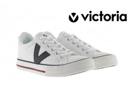 VICTORIA,ZAPATILLA BASKET LONA BLANCA PUNTERA GOMA,V LATERAL AZUL,PISO GOMA