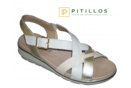 SANDALIA TIRAS CRUZADAS PIEL NAPA GLACIAL,COMBINADA ORO,PISO GOMA,PLANTA ACOLCHADA PIEL, FORRO PIEL