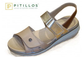 SANDALIA NAPA TAUPE,TIPO FRAYLERA PALA Y TIRA VELCRO,COMBINADA ORO,CUERO PISO GOMA