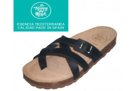 BIOSANDALIA PIEL VAQUETILLA NEGRO, TIRAS CRUZADAS DEDO, PISO CORCHO, PLANTA PIEL Y GEL ACOLCHADA