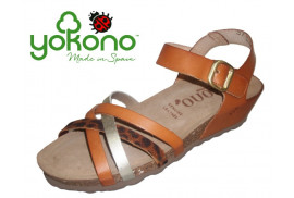 BIOSANDALIA VAQUETILLA MULTICOLOR TONOS CUERO, BELCRO Y HEBILLA LATERAL, CUñA CORCHO PLANTA ACOLCHADA