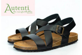 BIO SANDALIA TIRAS CRUZADAS EMPEINE HEBILLA LATERAL PIEL NOBUCK ENGRASADO NEGRO PLANTA PIEL