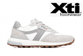 145065 XTI. Deportivo nylon blanco combinado serraje, banda lateral gris, piso goma