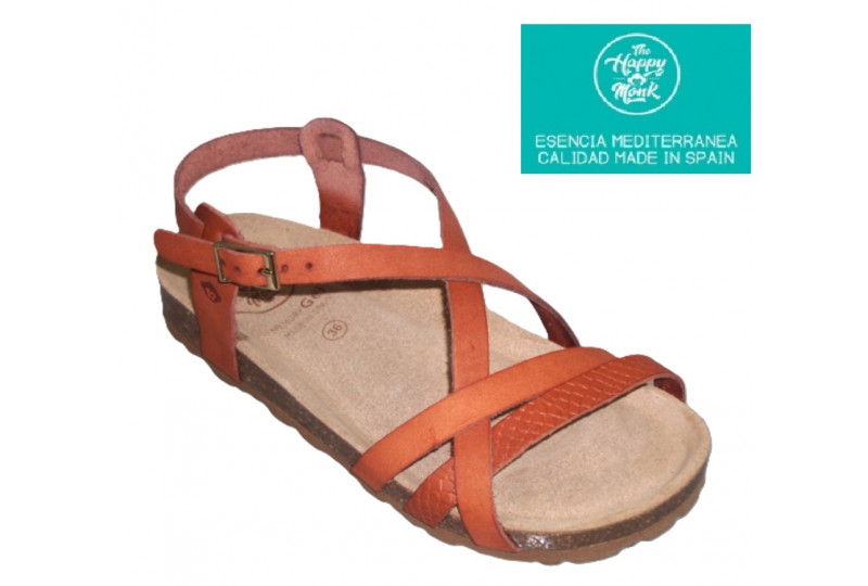 Sandalia Bio Happy Monk Pompeya en piel color cuero con tiras cruzadas