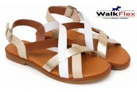 260230 Walkflex. Sandalia piel tiras combinadas tonos marrones hebilla tira trasera, planta piel acolchada piso goma plano