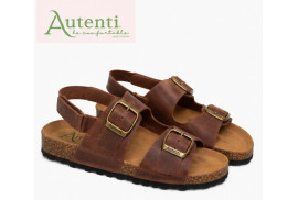 10888-Autenti. Bio sandalia nobuck engrasado marron 2 hebillas tira trasera belcro, planta piel piso corcho